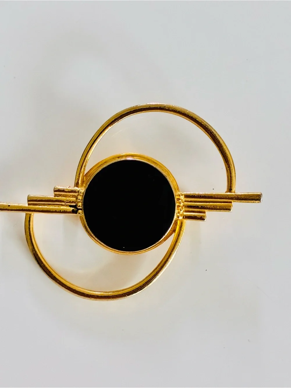 Bold Ambiguous Gold-Tone Circular Pin with Black Enamel Center Everyday Elegant
